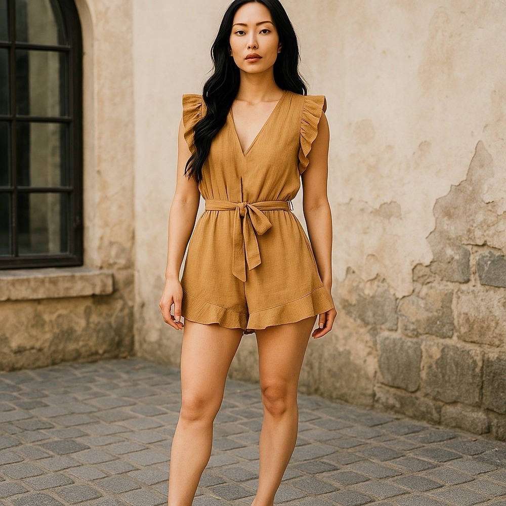 Miou Muse Toffee Romper Ruffled Size S NWT